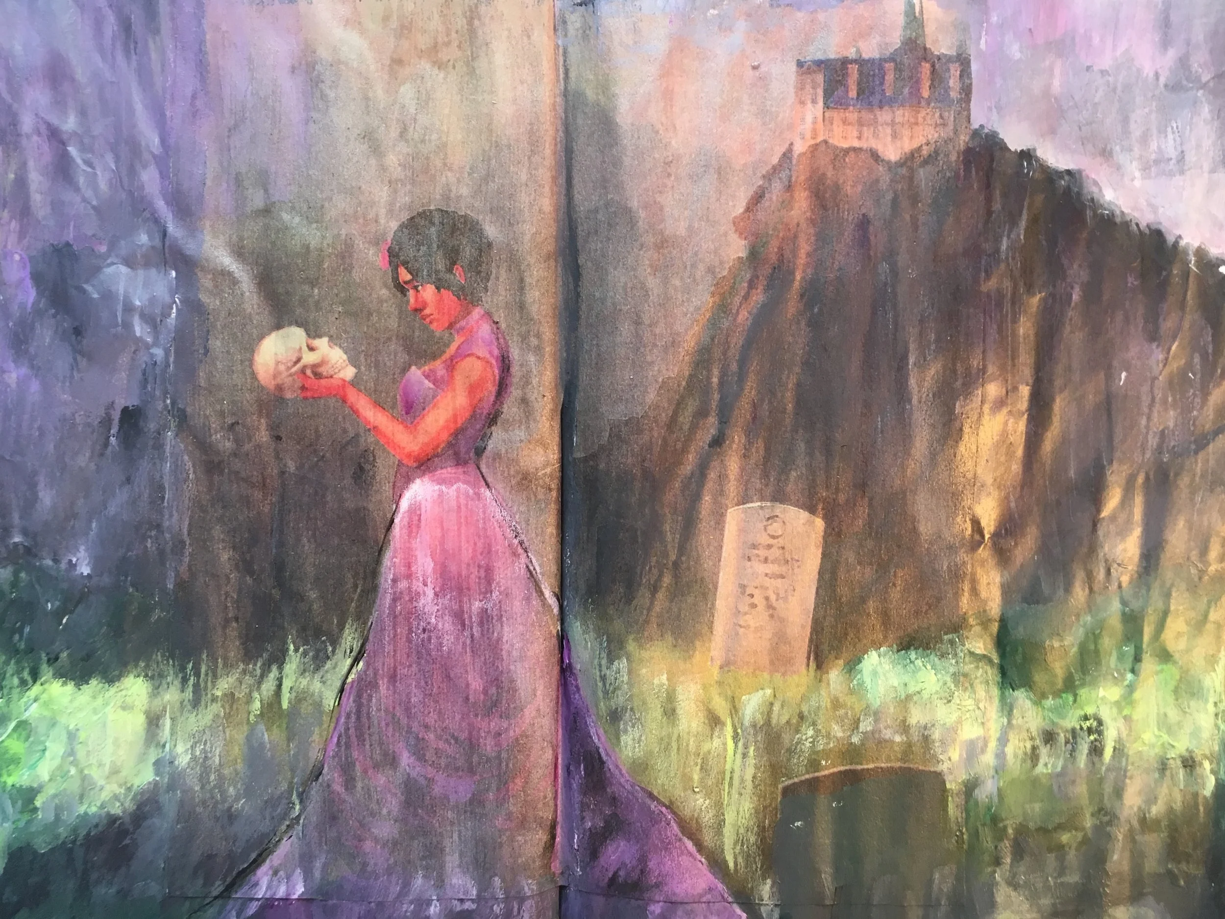 A painting depicting a woman in a pink dress holding a skull, set against a landscape with a castle on a hill in the background, with colorful, textured brushstrokes.
