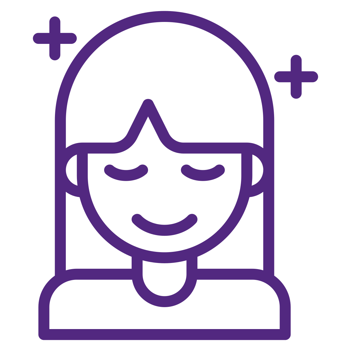 Purple outline drawing of a smiling person wearing glasses with closed eyes and long hair, with sparkles around head.