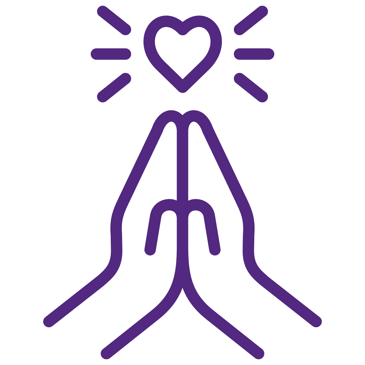 Outline drawing of two prayer hands with a heart above them and rays of light emanating from the heart.