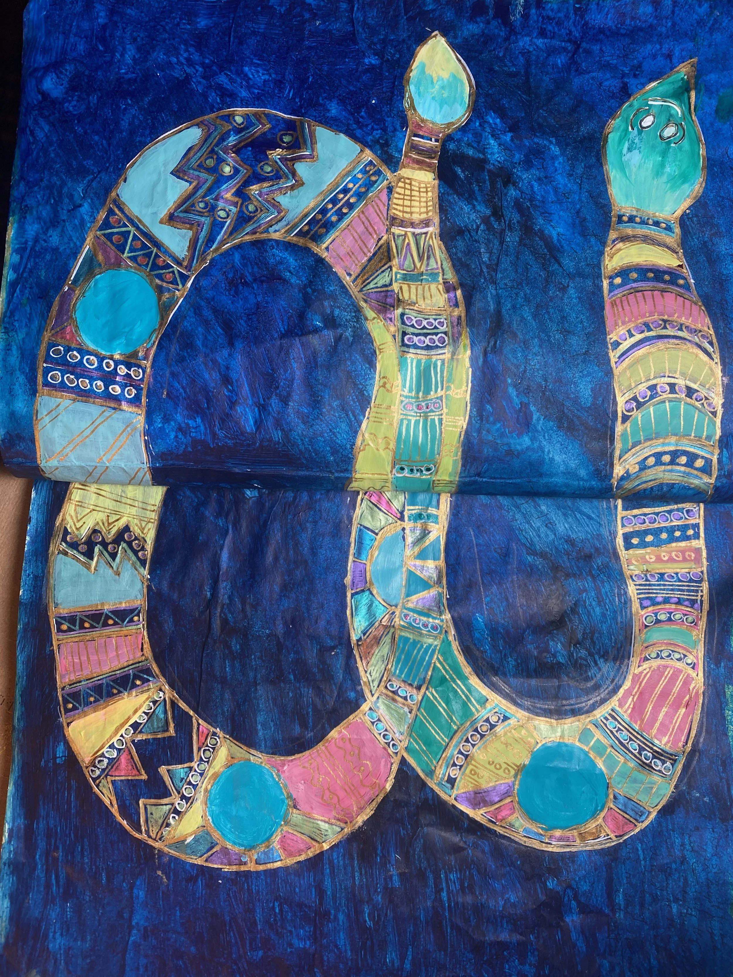 Colorful abstract painting of a winding road with blue circles on sides, set against a dark blue background.
