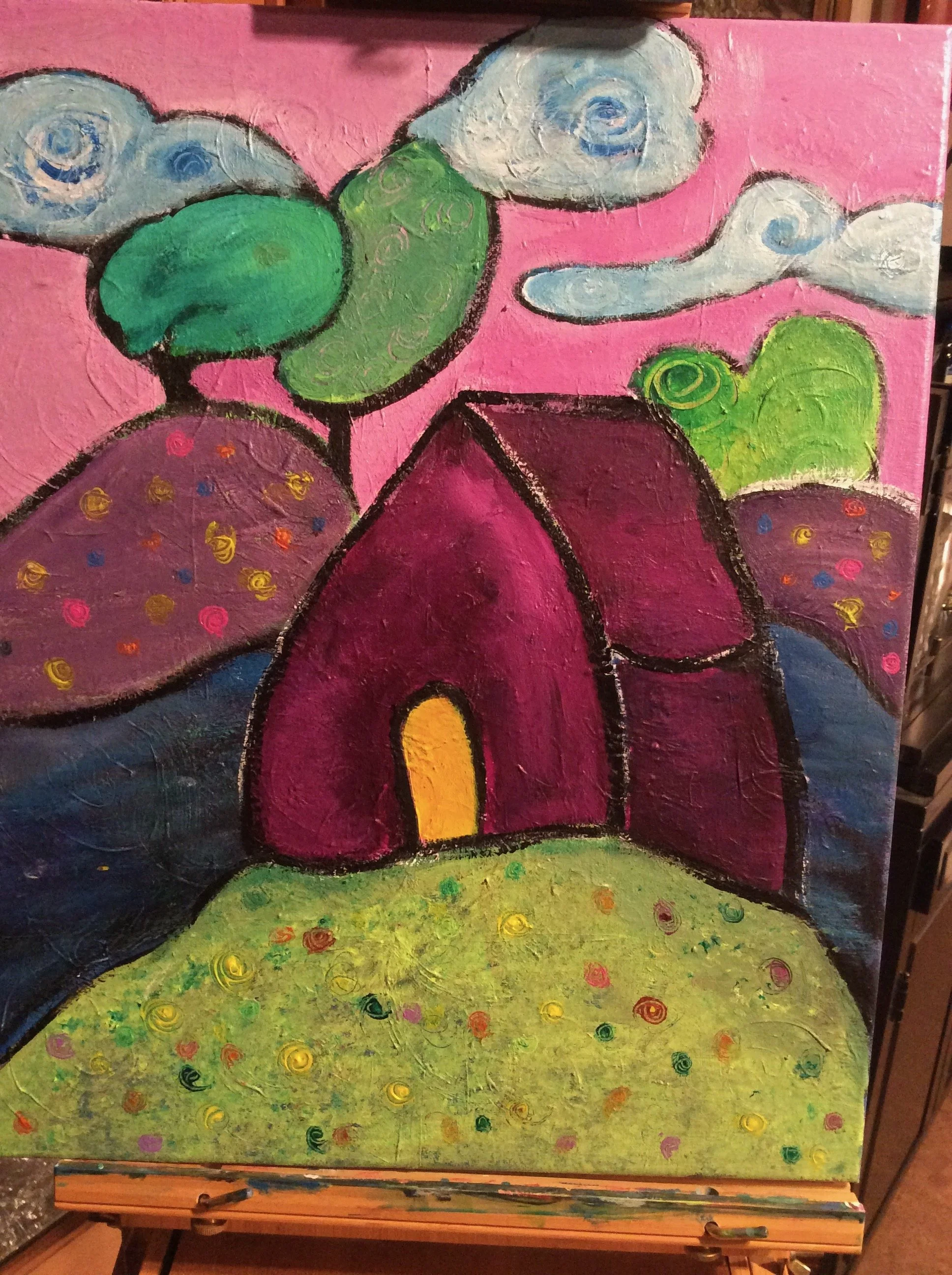 Abstract colorful painting with a pink background, featuring a large pink and purple flower, green and blue circular shapes, and yellow, pink, orange, blue, and green greeting dots.