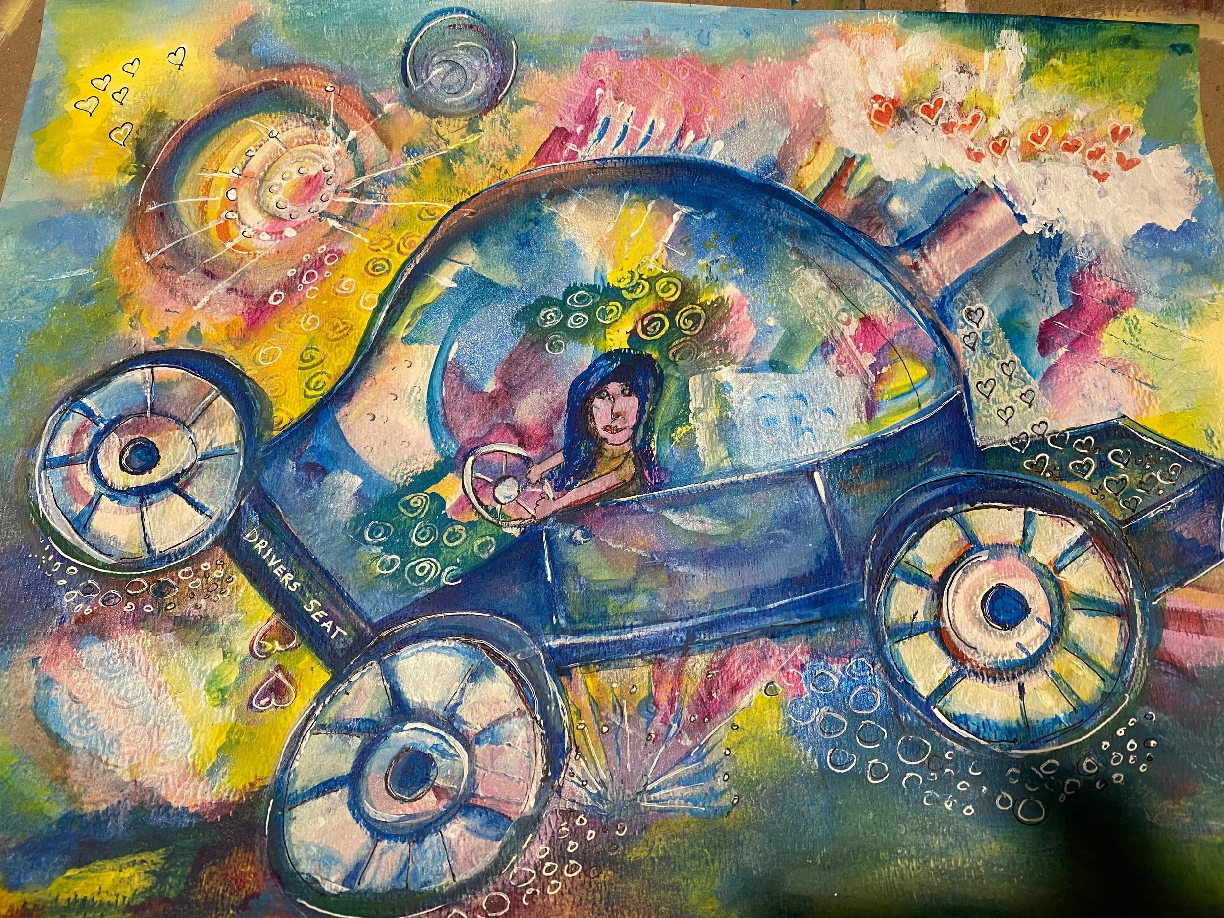 An abstract, colorful artwork featuring various swirling and circular shapes with vibrant colors like blue, yellow, pink, and green, with some detailed elements like hearts and wheel-like patterns.