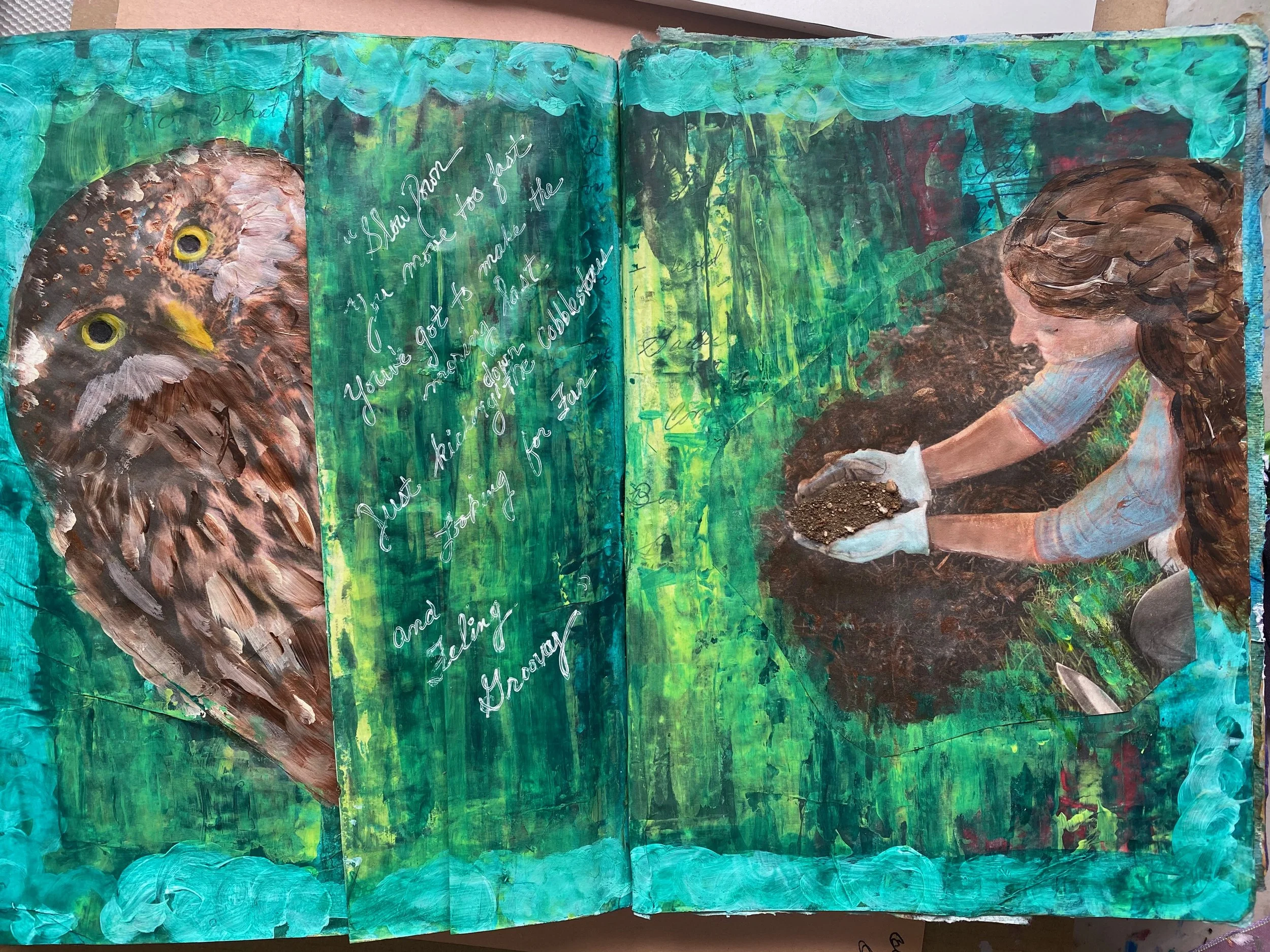 A colorful, painted children's book illustration featuring an owl on the left and a girl with long hair planting a seed on the right. The background is vibrant with lush green trees and a blue sky, and there is handwritten text on the pages.