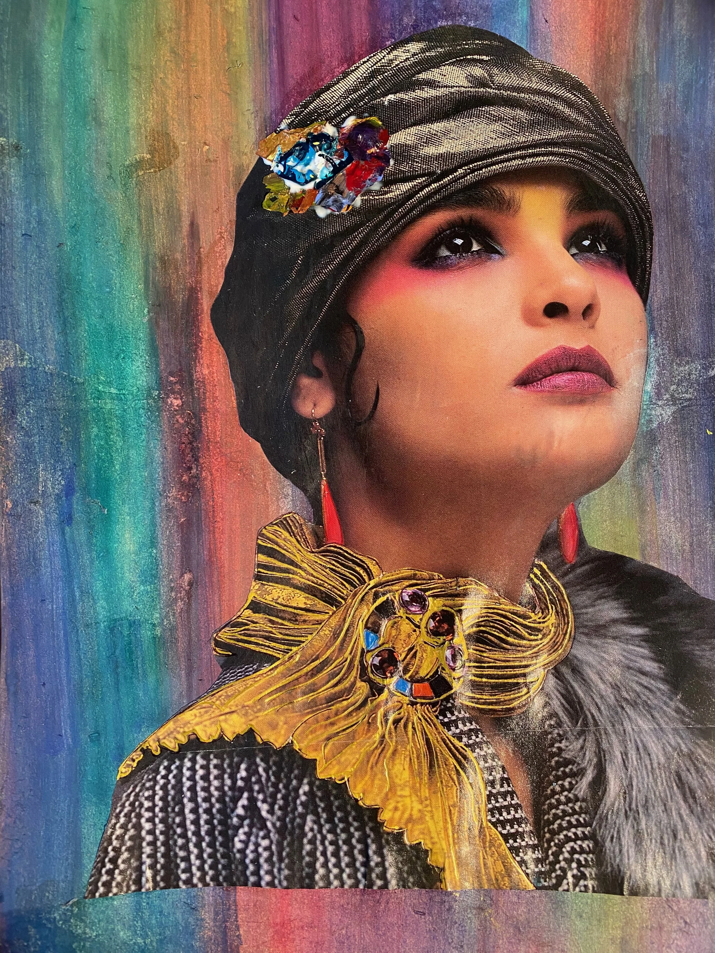 A woman with vibrant makeup, earrings, and a headwrap, accented with a decorative flower, against a multicolored background. The image also features the addition of a large yellow butterfly embellishment on her shoulder.