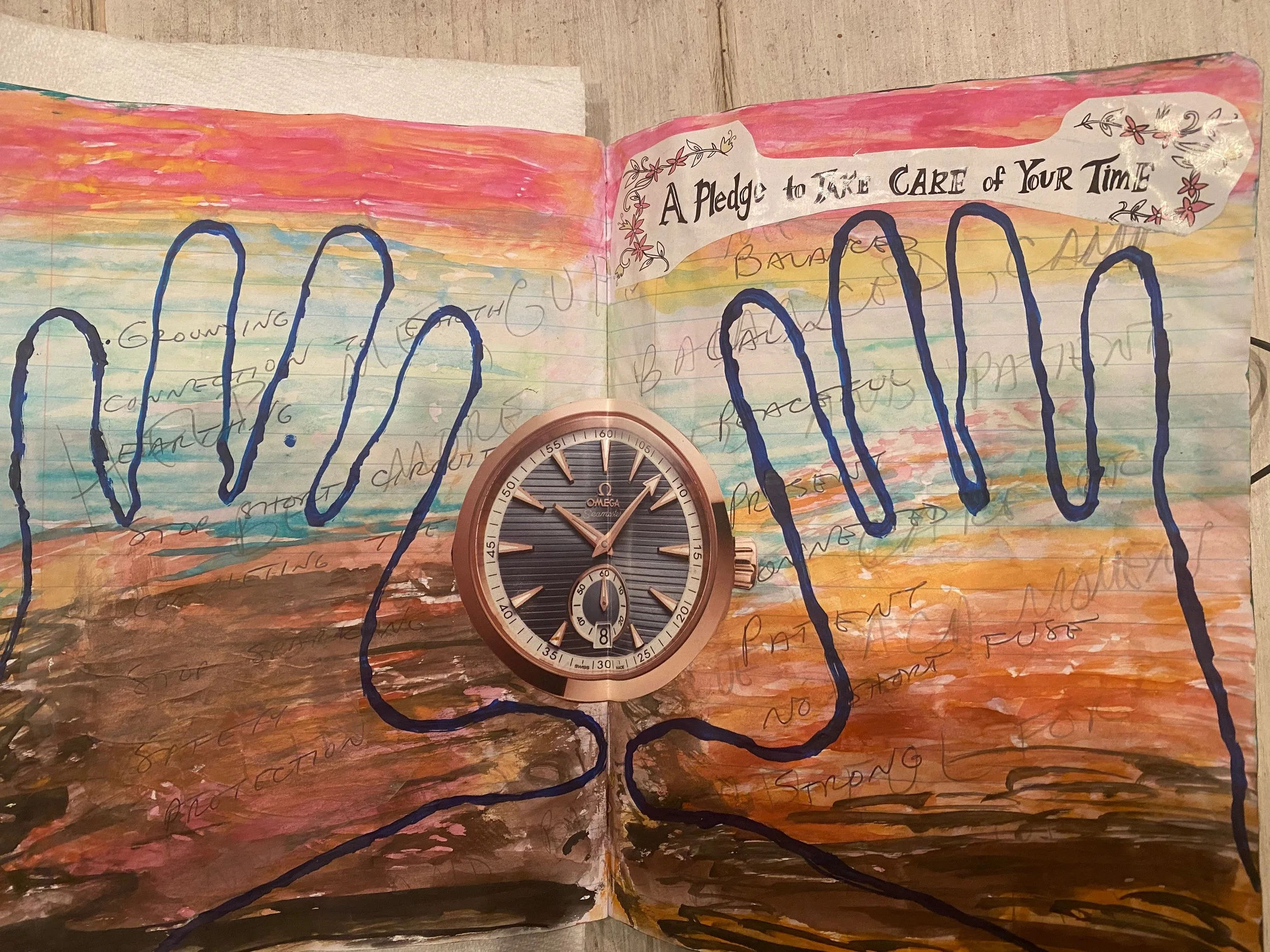 Open sketchbook with colorful sky background, handwritten notes, and a clock at the bottom center.
