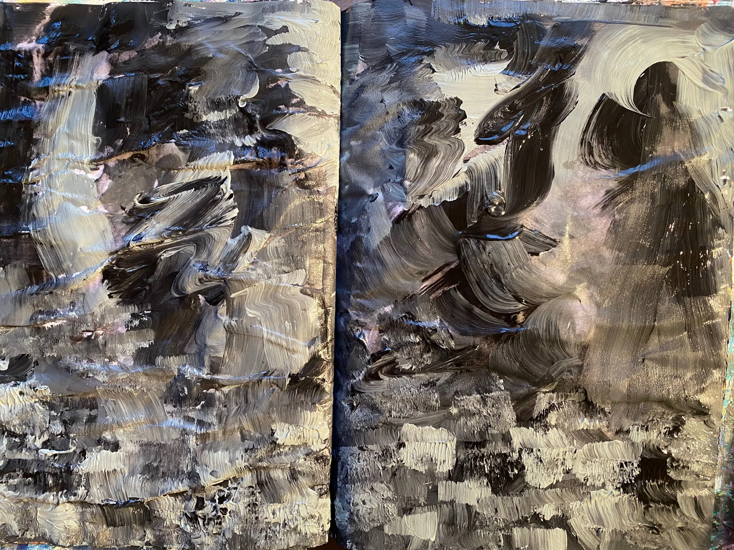 Abstract painting with bold, thick, swirling strokes of black, white, beige, brown, and hints of blue.