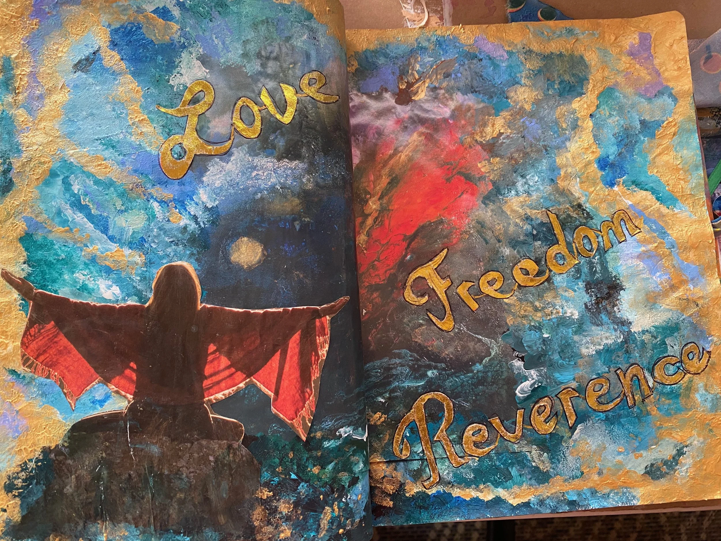 A colorful, textured abstract background featuring the word "Love" in gold script and the partially visible phrase "forever" on the right side. A silhouette of a person with outstretched arms appears at the bottom left, with a red umbrella and vibran