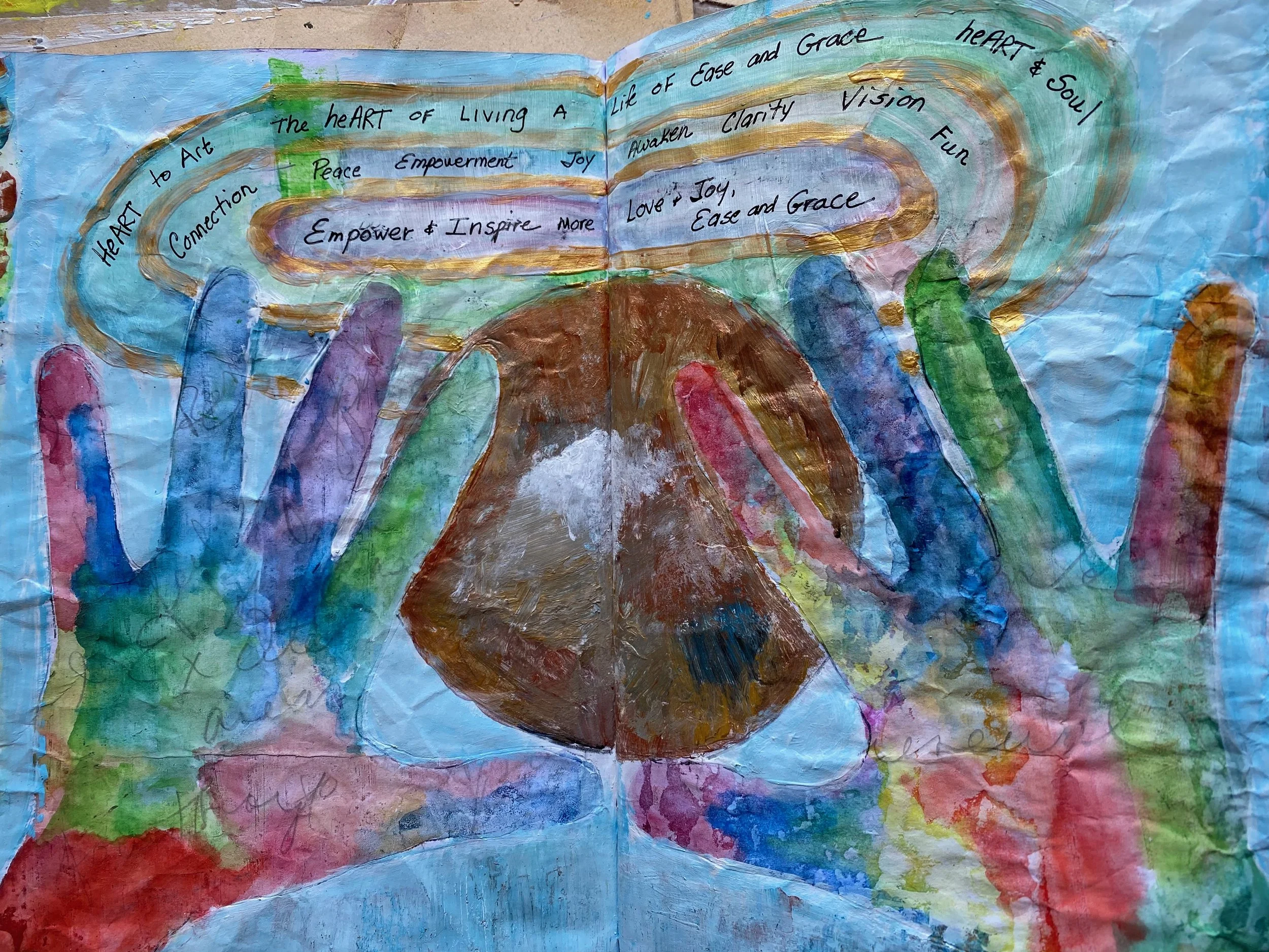 A colorful, abstract mixed media painting with written phrases, a brown circle in the center, and vibrant brushstrokes all over.