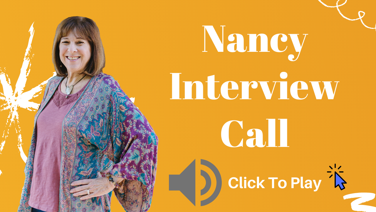 A woman with shoulder-length brown hair wearing a purple shirt and a colorful patterned kimono, standing with her hand on her hip, smiling against a yellow and orange background with white decorative elements and text indicating it's an interview call for Nancy.
