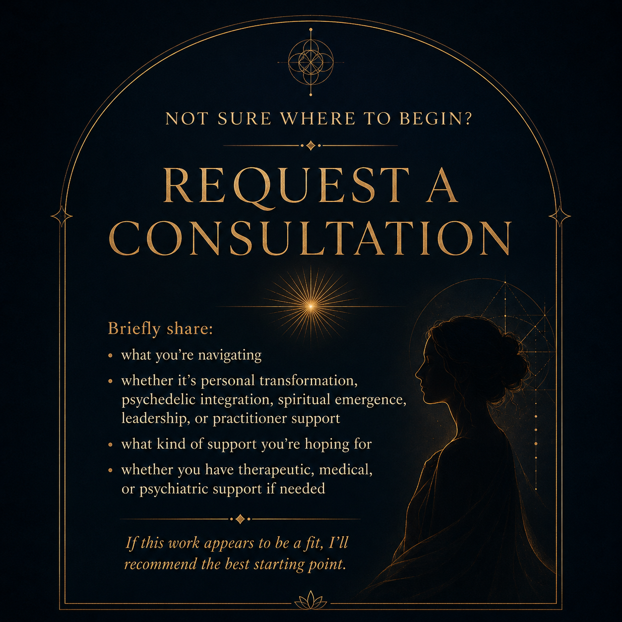 Dark background with gold geometric designs and a silhouette of a woman with her hair in a bun. Text reads 'Not sure where to begin? Request a consultation' with instructions for sharing personal navigation and support details.