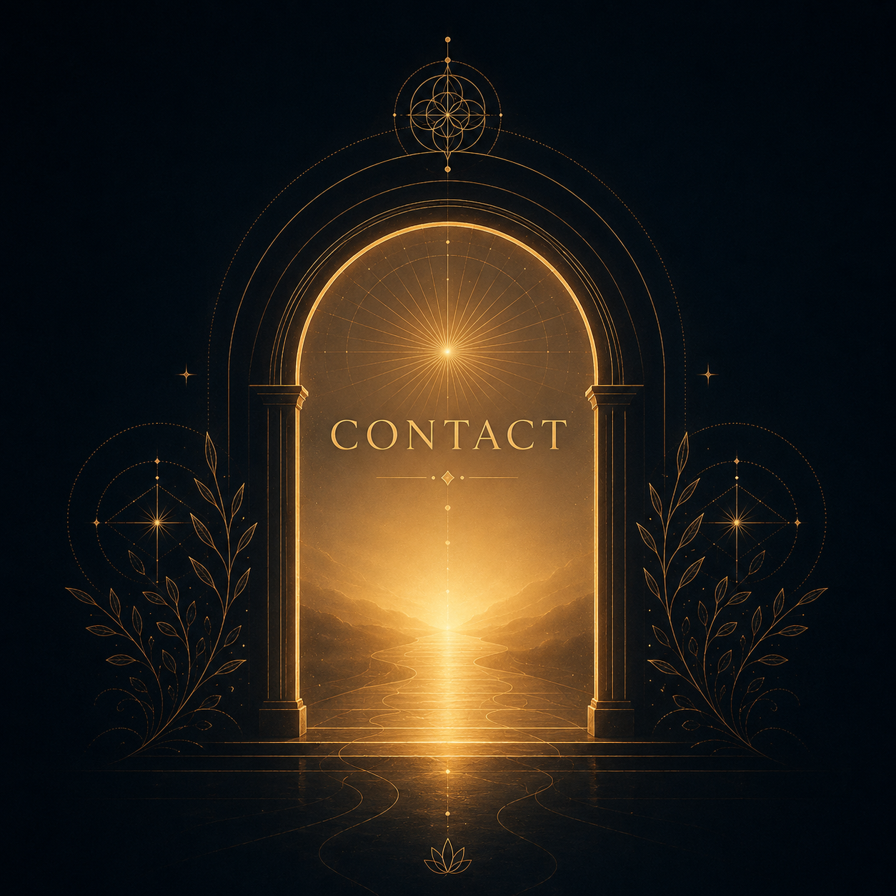 Gold-colored ornate gate or archway with the word 'CONTACT' in the center, glowing with a radiant light, surrounded by mystical symbols and decorative elements, leading to a bright landscape with mountains and a glowing river under a starry sky.