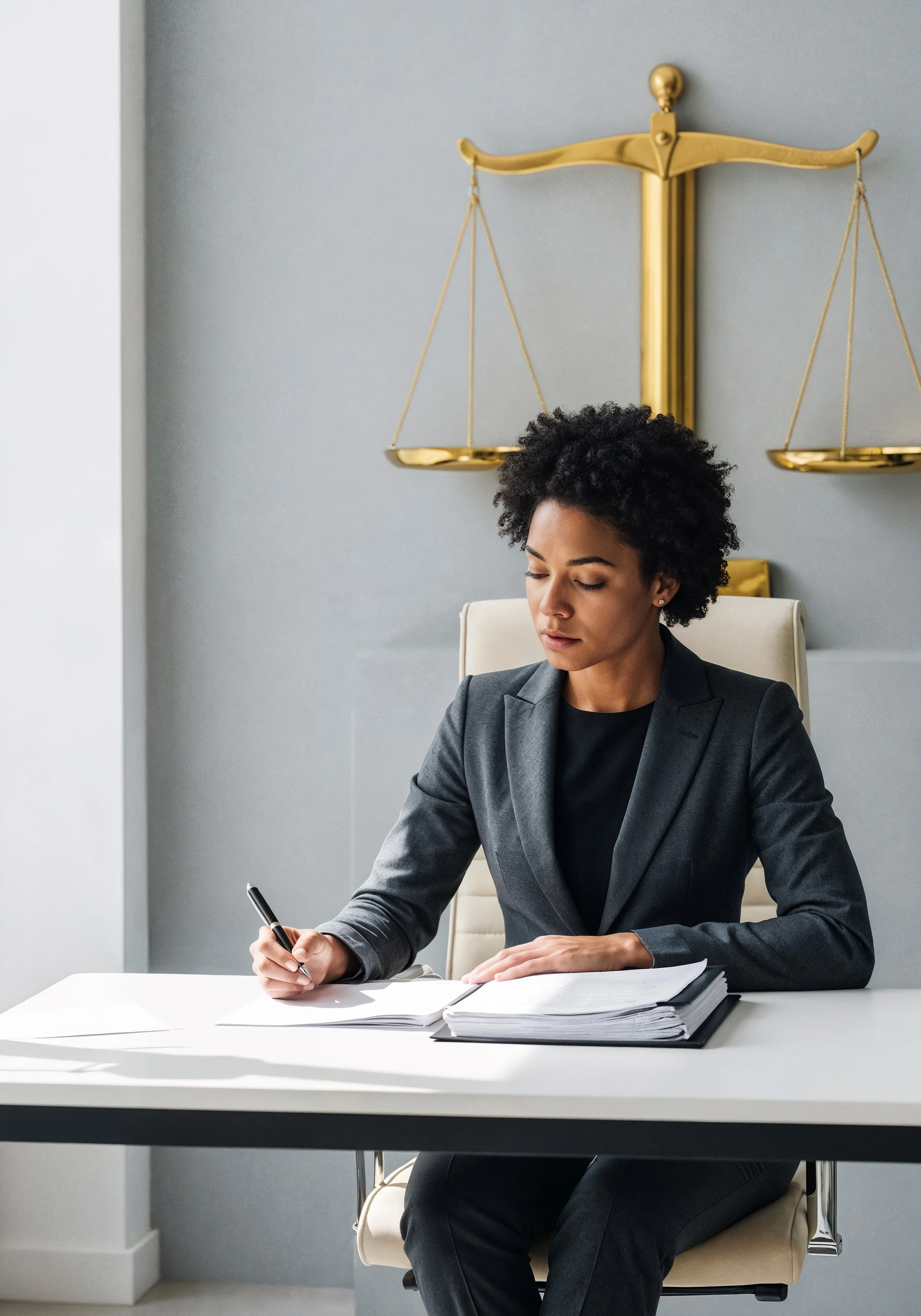 A woman sitting at a white desk writing in a notebook with a pen. She is dressed in a gray blazer and black shirt, has short, curly black hair, and is seated in a beige office chair. Behind her is a light gray wall with a gold balance scale decoration hanging on it.