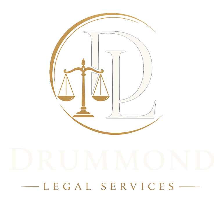 A logo featuring a gold and silver scale of justice next to a large gray letter D, with the words "Legal Services" below in a gold and white font.
