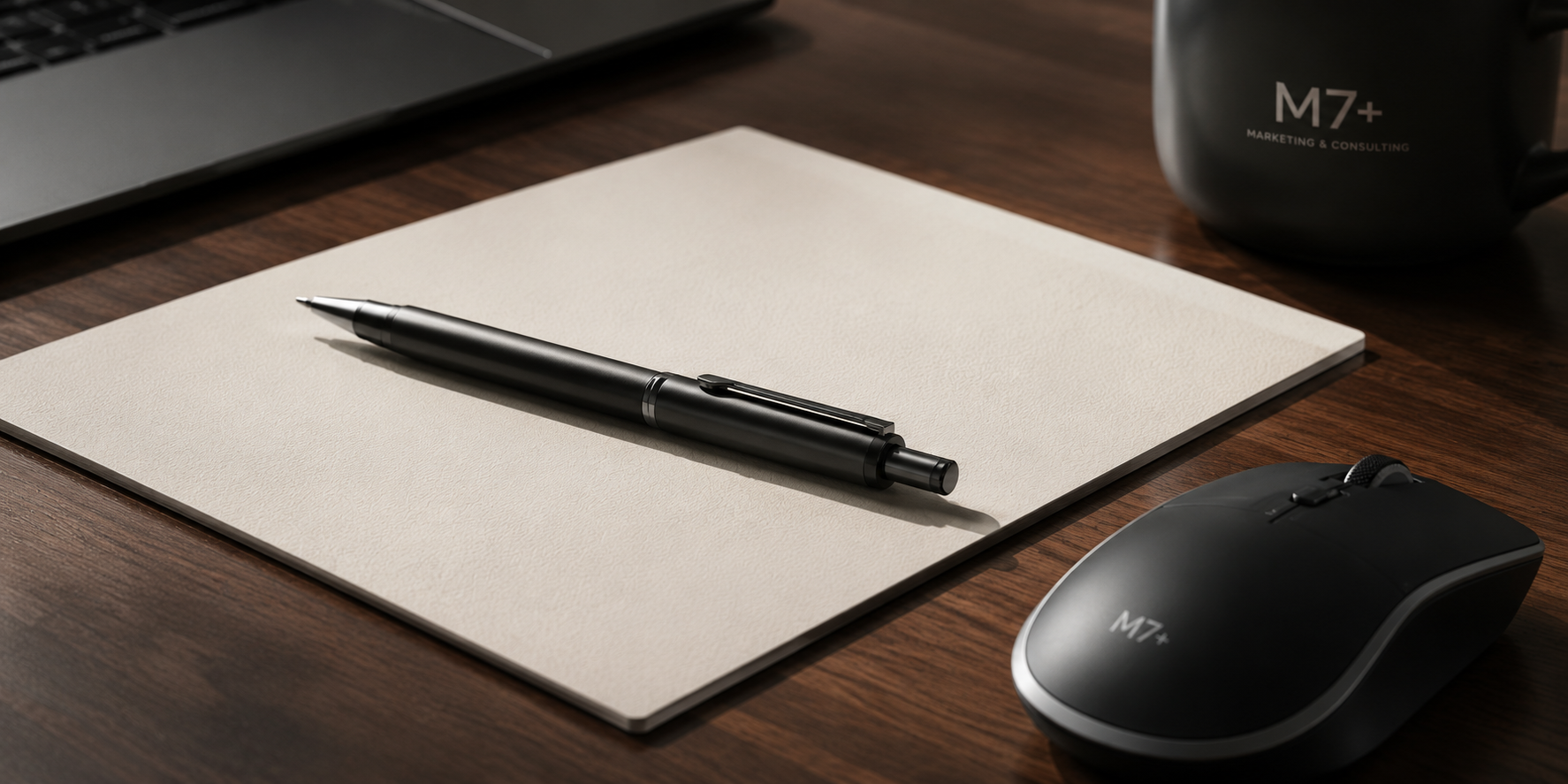 Black pen resting on a blank white notepad on a wooden desk. Nearby is a computer mouse and a coffee mug labeled 'M7+ Marketing & Consulting.'