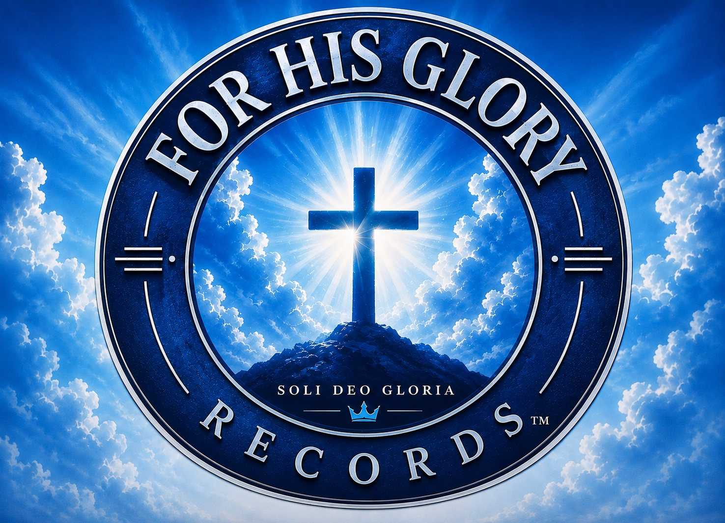A circular logo for For His Glory Records featuring a cross on a mountain with a bright light behind it, with clouds and blue sky in the background.