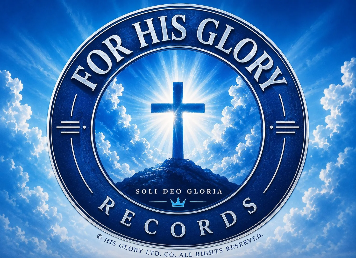 Logo for 'For His Glory Records' with a cross on a hill, bright light, clouds, and a blue sky with the text 'Solì Deo Gloria' and a crown.