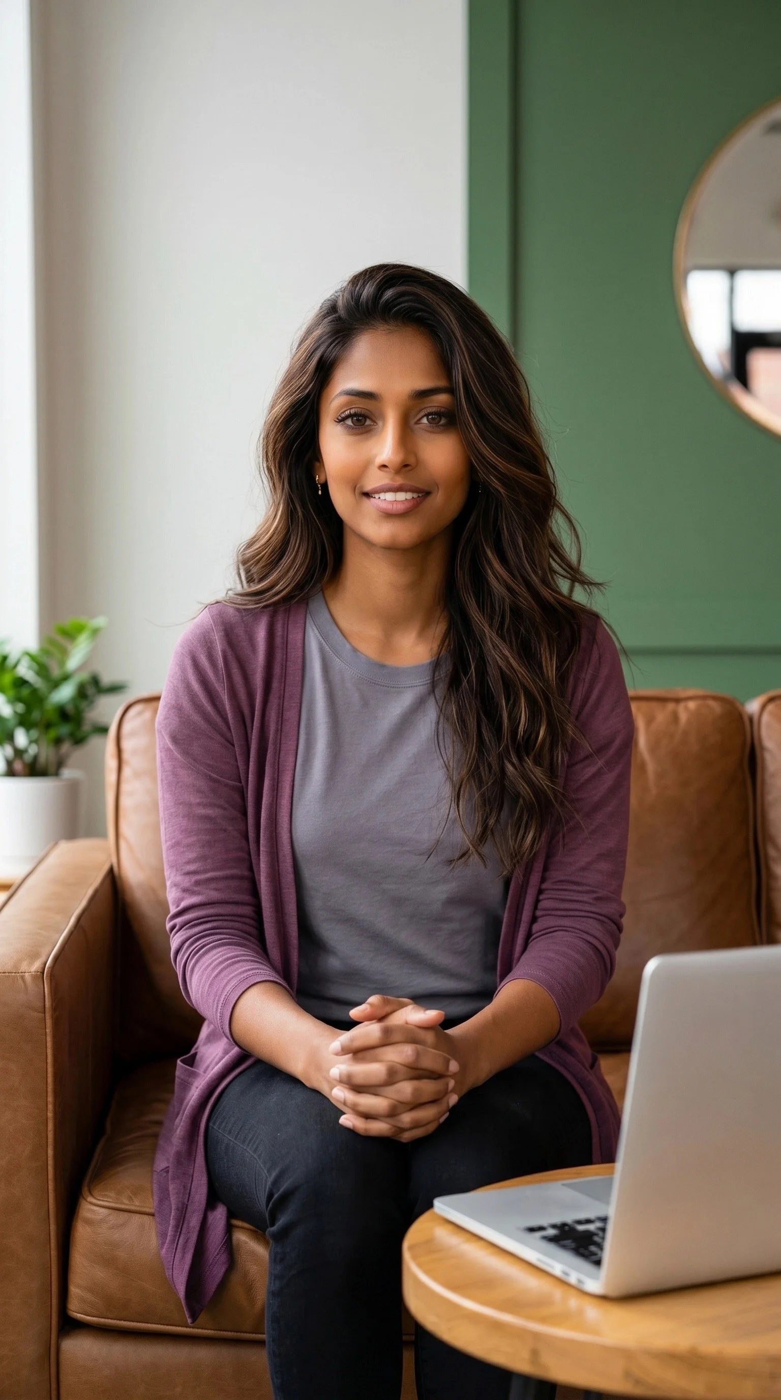 A woman with long wavy hair, wearing a gray shirt and maroon cardigan, sitting on a brown leather couch with her hands clasped. There is a laptop and a wooden table in front of her, and a green wall with a round mirror behind her. A potted plant is visible to her left.