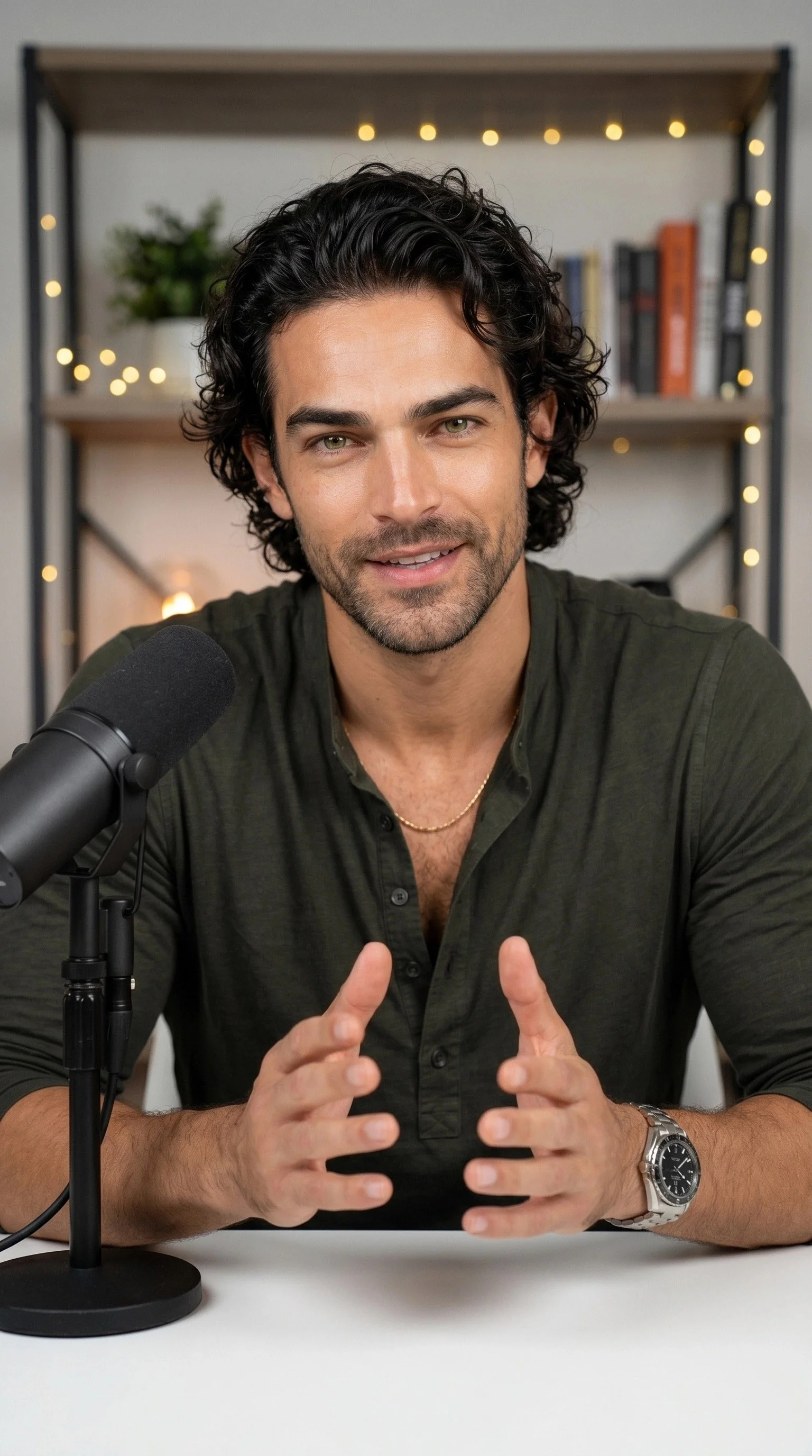 Man with dark curly hair and a beard sitting at a table with a microphone, gesturing with his hands, in front of a bookshelf with lights.