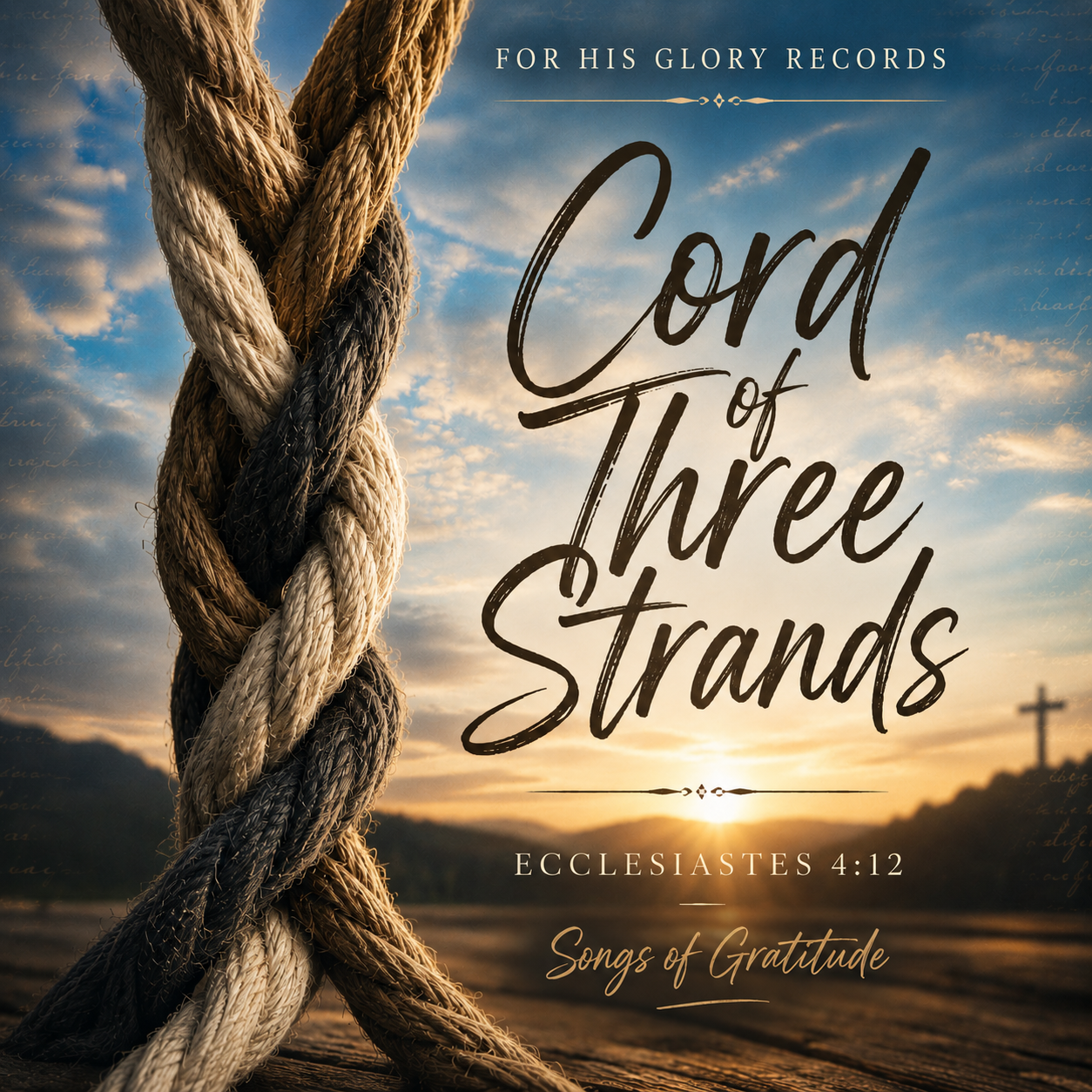 A large knot of three intertwined ropes against a sunset sky with clouds and a distant cross on a hill. Text overlays read 'For His Glory Records,' 'Cord of Three Strands,' 'Ecclesiastes 4:12,' and 'Songs of Gratitude.'