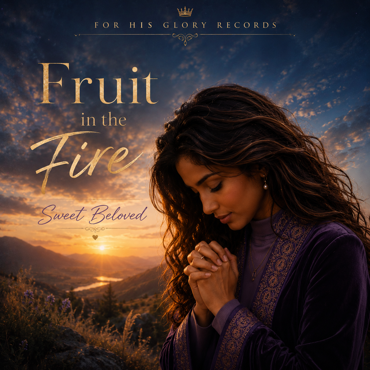 Young woman with long curly hair, eyes closed, praying with hands clasped, outdoors during sunset with mountains and river in background, wearing a purple embroidered jacket.