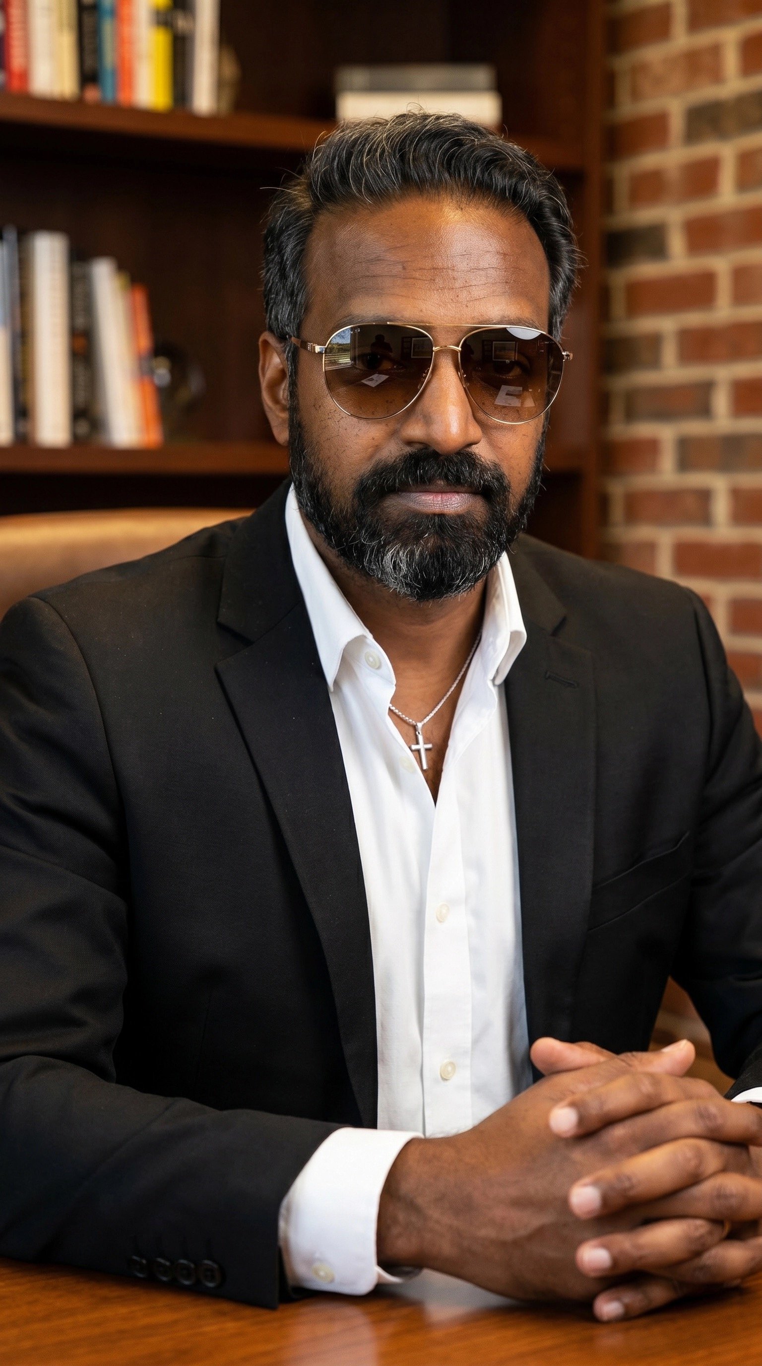 A man wearing sunglasses, a white dress shirt, and a black blazer sitting at a wooden table with his hands clasped. In the background, there is a brick wall and a bookshelf with books.