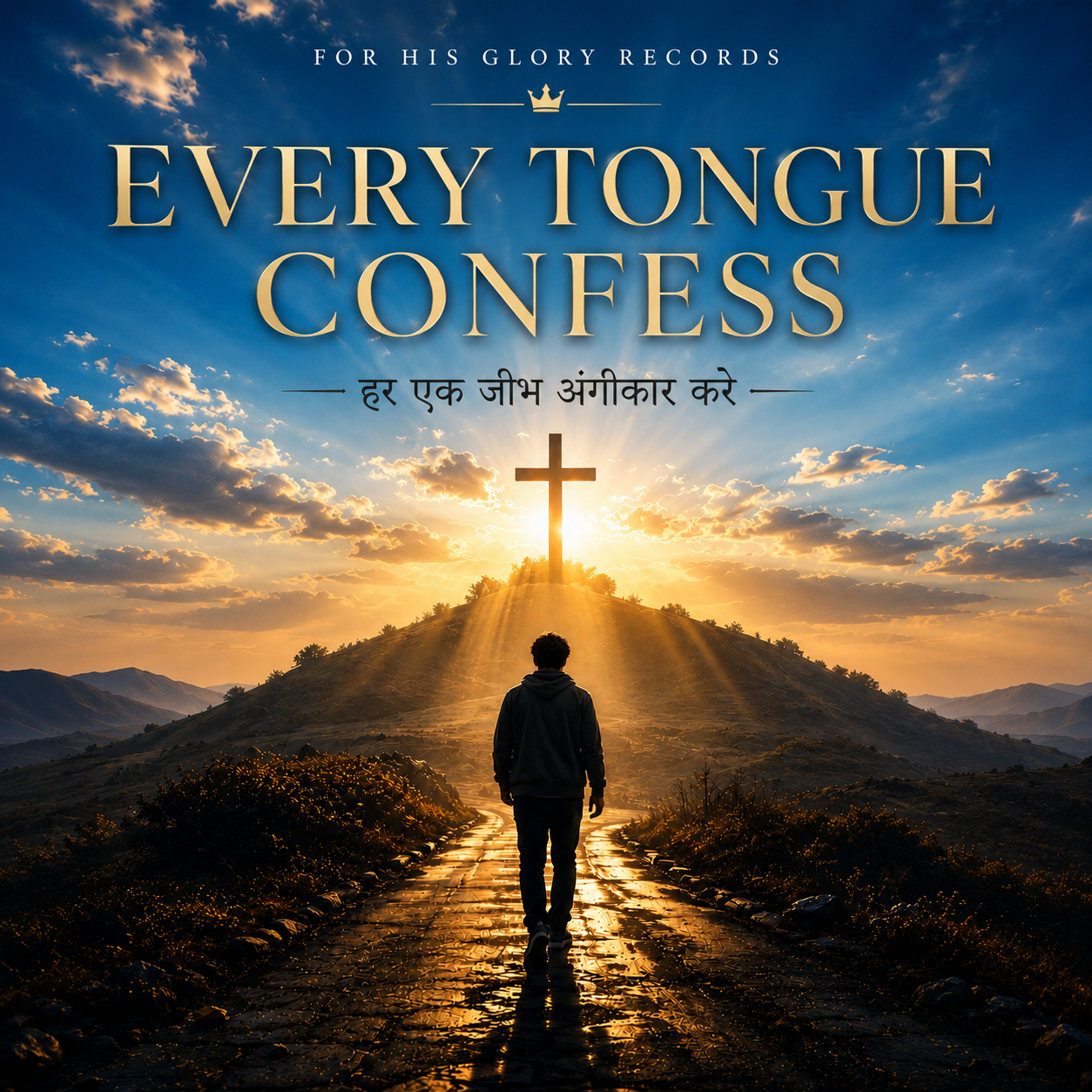 A person walking on a pathway toward a hill with a large cross at the top, illuminated by the golden light of the sunset sky, with clouds and mountains in the background, and the text 'Every Tongue Confess' and a phrase in Hindi.