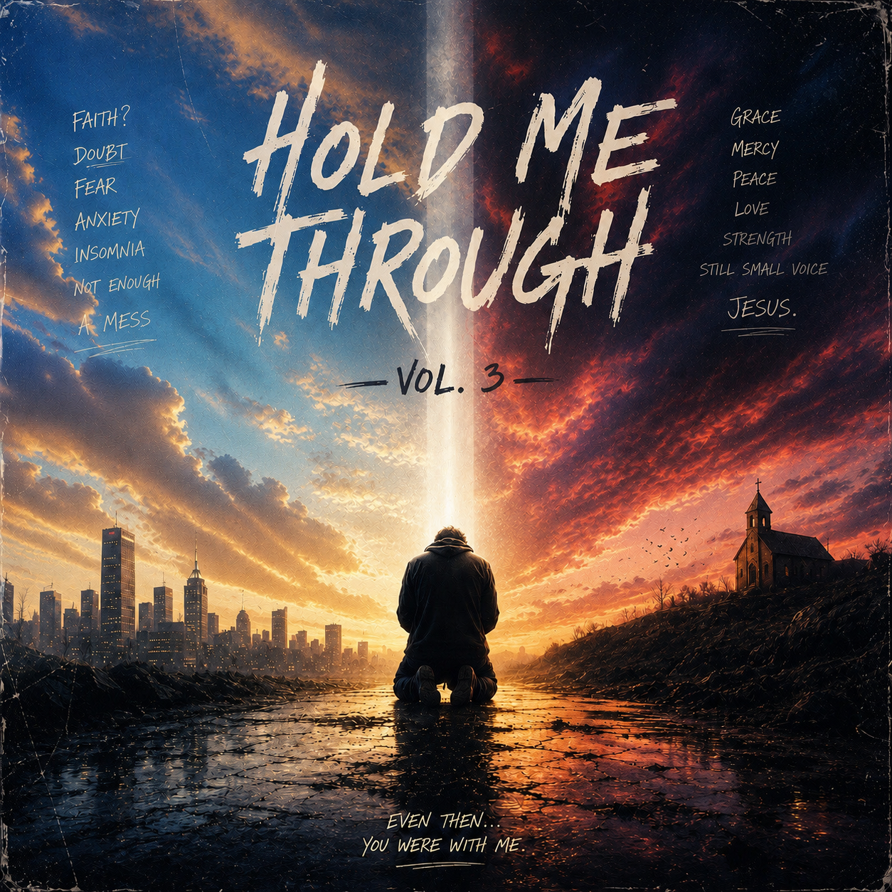 A person kneeling on a reflective wet surface at sunset, with city buildings on the left and a small church on the right. The sky is divided into blue and fiery red clouds. The text reads, "Hold Me Through" in large letters, with smaller phrases on each side and at the bottom.