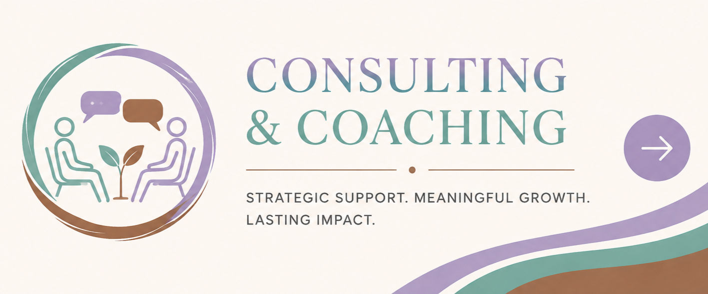 Logo with two people sitting and talking, a plant between them, and speech bubbles above their heads, accompanied by the text 'Consulting & Coaching' and the slogan 'Strategic support. Meaningful growth. Lasting impact.'