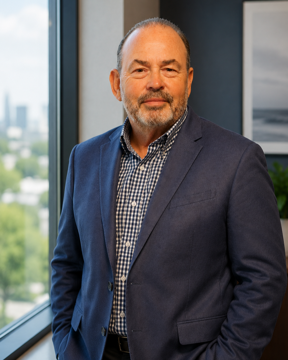 A middle-aged man with a beard wearing a dark blue blazer and checkered shirt standing in an office near a window.