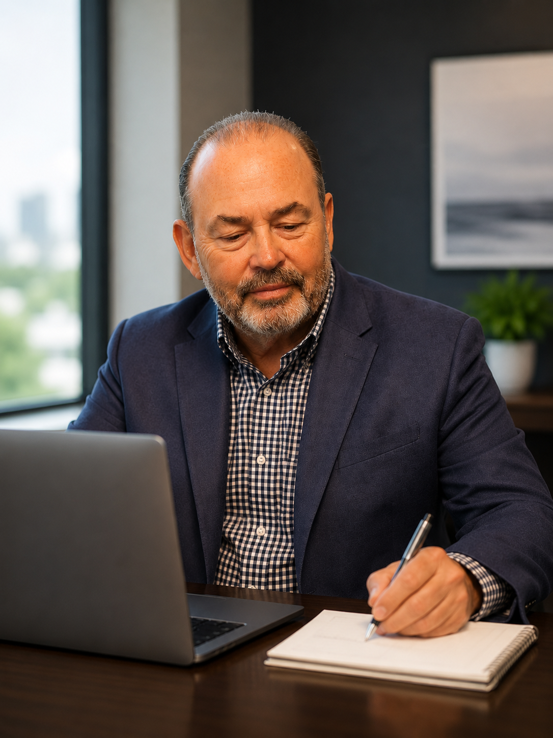 A middle-aged man with a beard and neatly combed hair, dressed in a dark blazer and checkered shirt, sitting at a desk with a laptop and writing in a notepad.