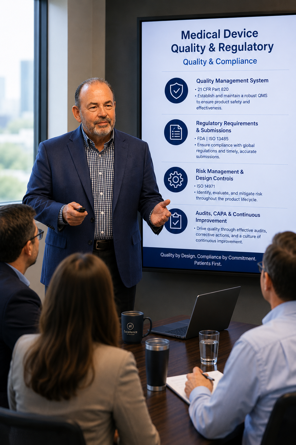 A man giving a presentation on medical device quality and regulatory standards to a group of professionals in a conference room.