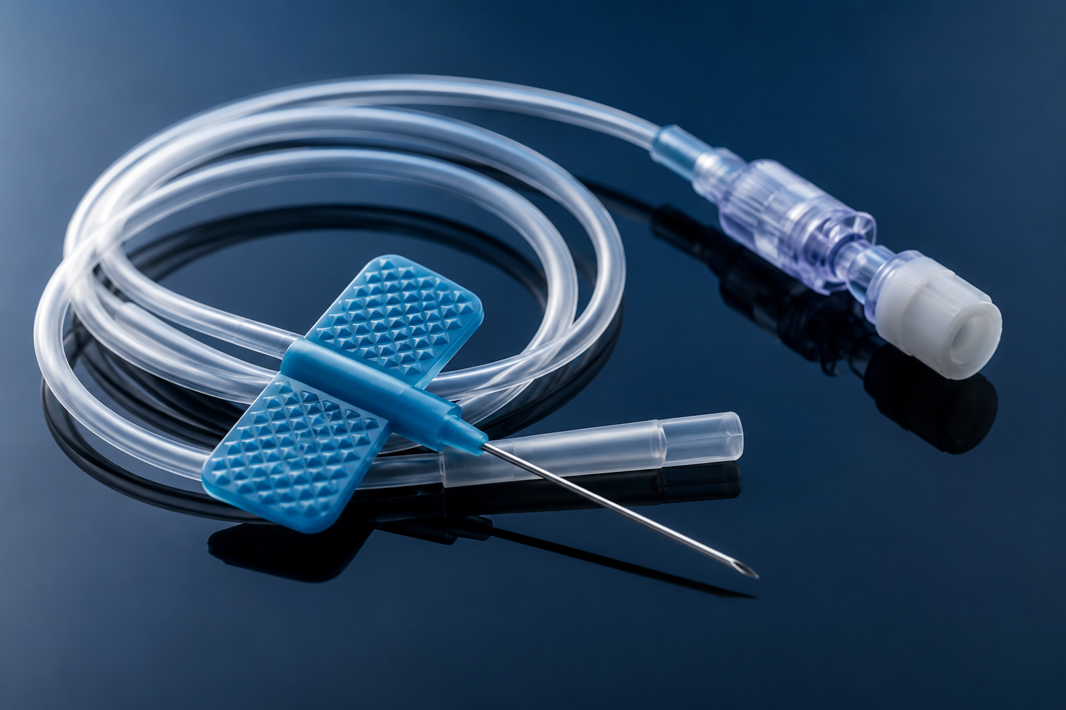 Medical catheter with a needle, tubing, and connector on a reflective surface