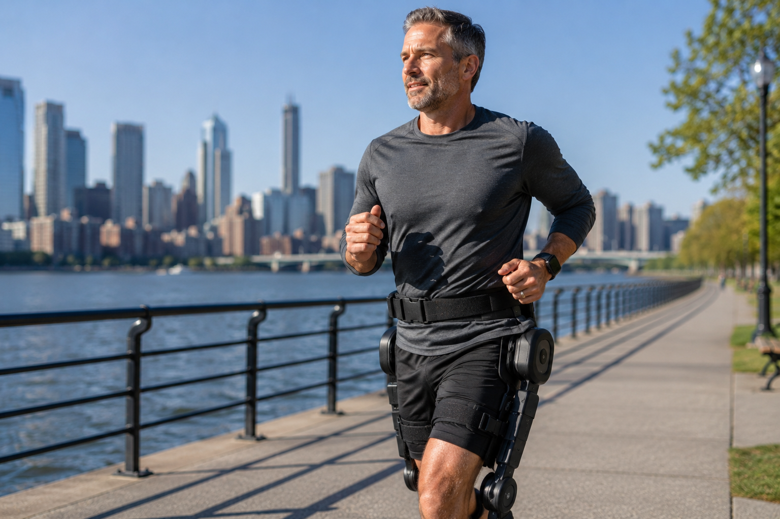 A middle-aged man running along a riverside promenade in the city, wearing a dark athletic shirt, shorts, and a powered exoskeleton on his legs.
