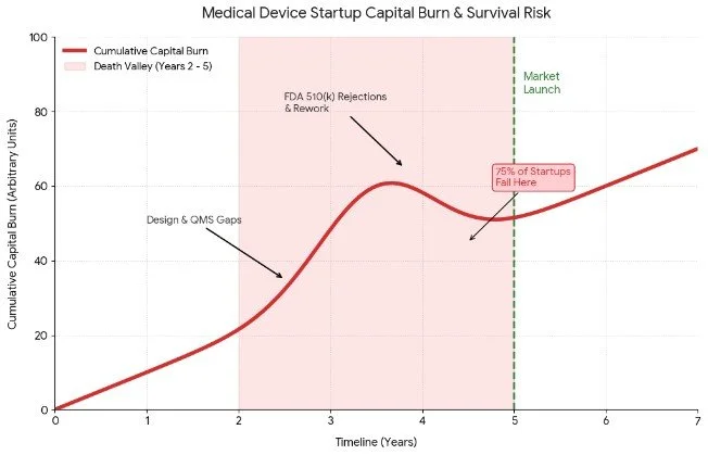 Line graph titled 'Medical Device Startup Capital Burn & Survival Risk' showing cumulative capital burn over 7 years. Indicates key phases: design and QMS gaps, FDA rejection and rework, and market launch. Highlights that 75% of startups fail within 5 years.