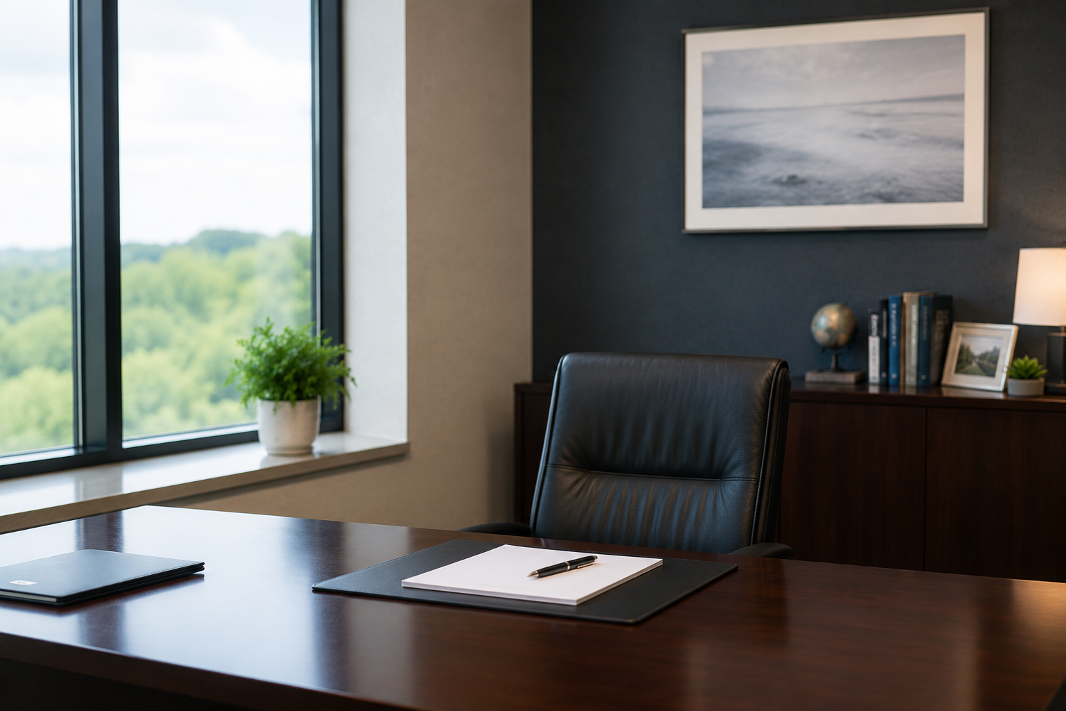 Empty office desk with a black leather chair, a notepad with a pen, and a closed laptop, next to a window with a potted plant, with a framed picture and bookshelf in the background.