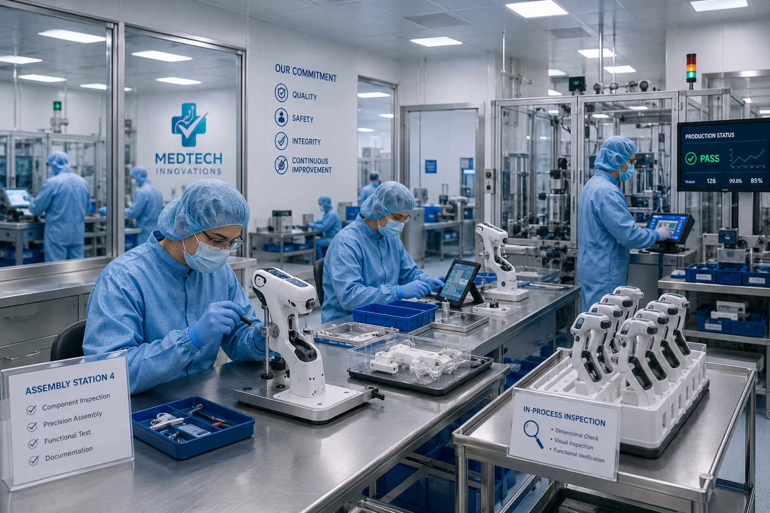 Assemblers wearing protective masks and blue scrubs working in a high-tech medical manufacturing lab with microscopes and robotic arms, inspecting and assembling medical devices.