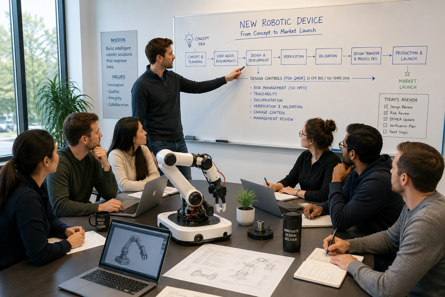 Group of six people in a meeting room, one man presenting a whiteboard with a flowchart about developing a robotic device, a robotic arm on the table, laptops, notebooks, and a plant on the table.