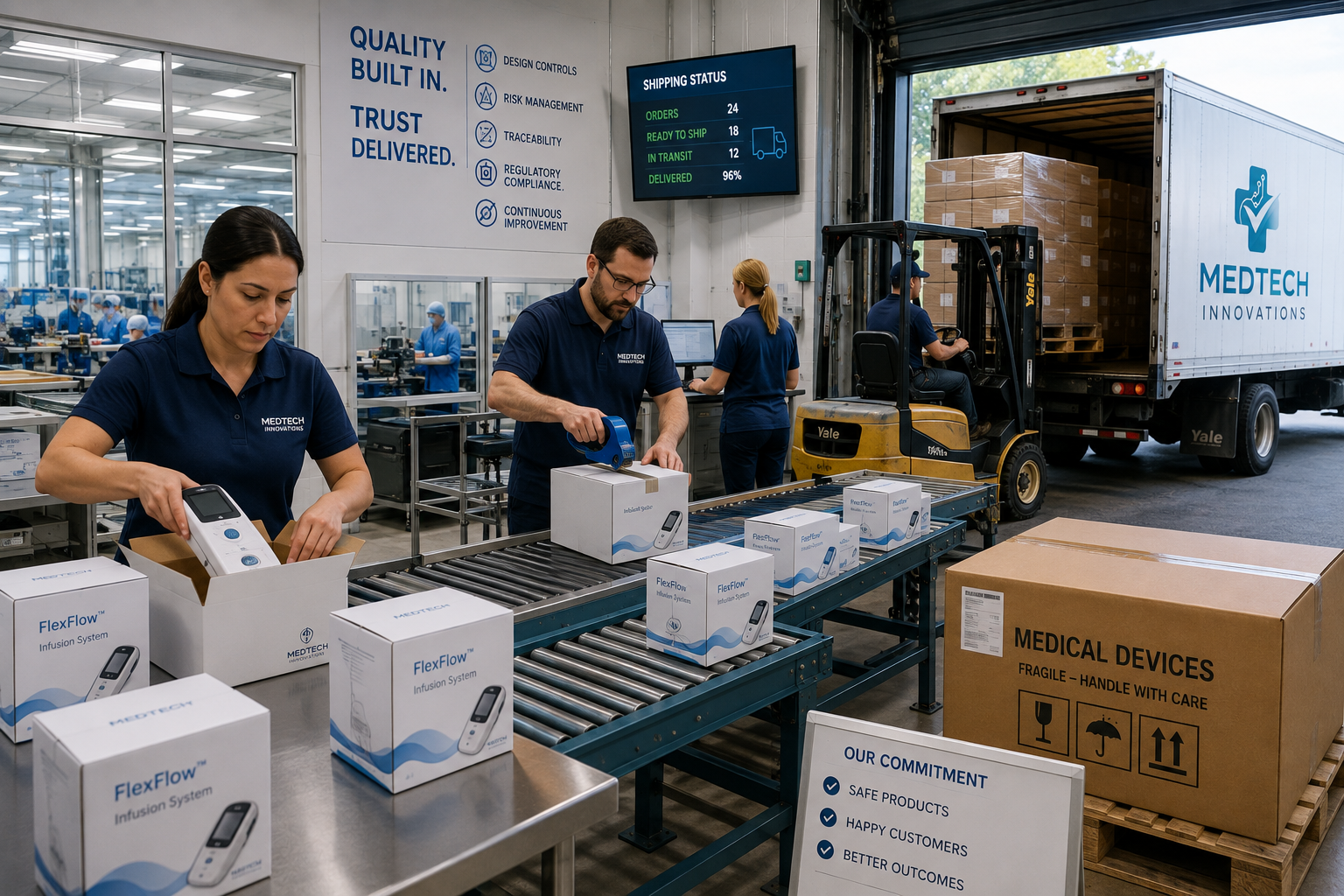 Workers in a medical device manufacturing warehouse packing boxes labeled 'FlexFlow Infusion System' with a large shipping truck in the background. A digital display shows shipping statuses, and safety signs and a commitment board are visible.