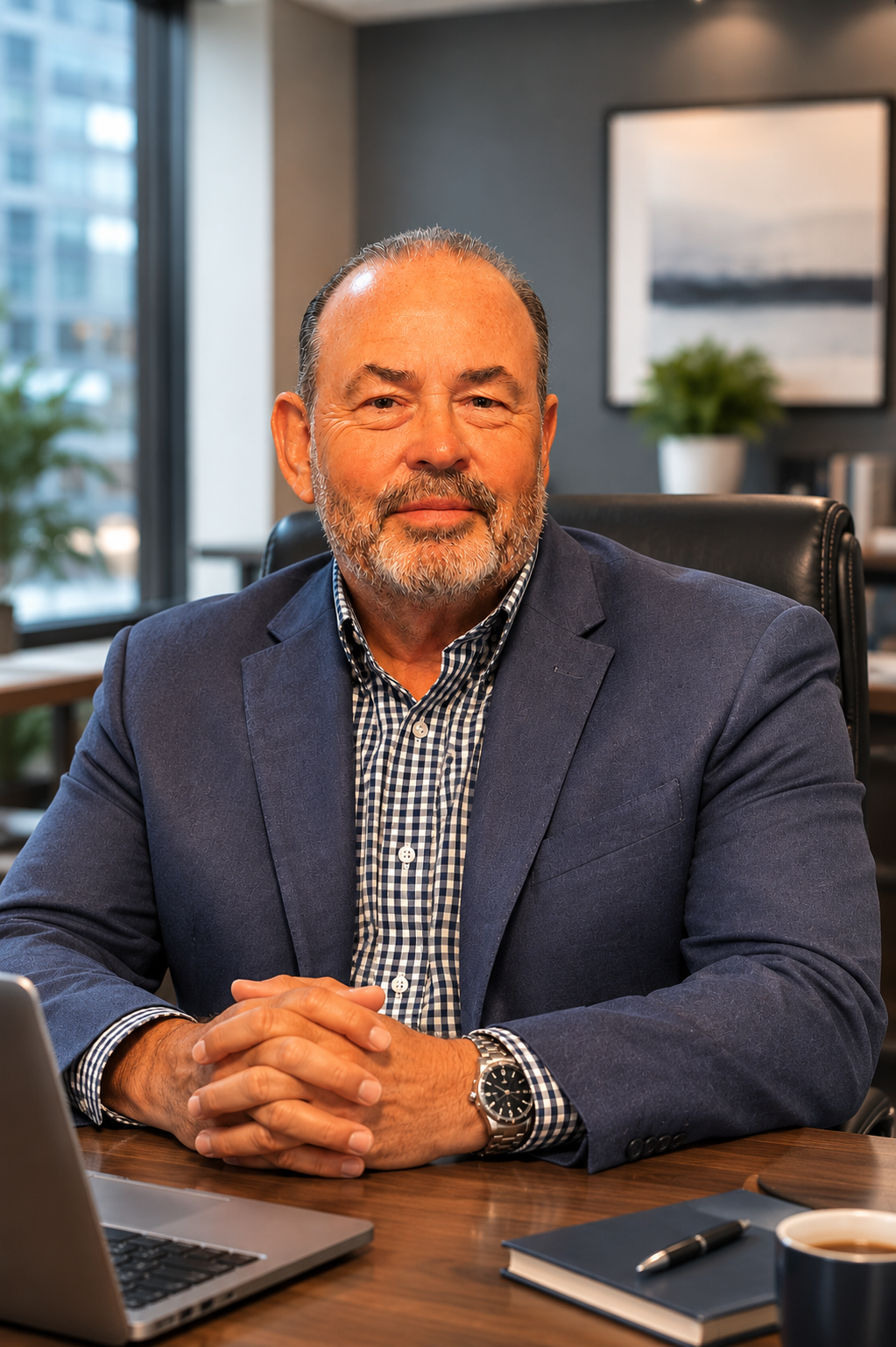 A middle-aged man with a beard and a receding hairline wearing a navy blazer and checkered shirt, sitting at a wooden office desk with a laptop and coffee cup, in a modern office with large windows, painting, and plants in the background.