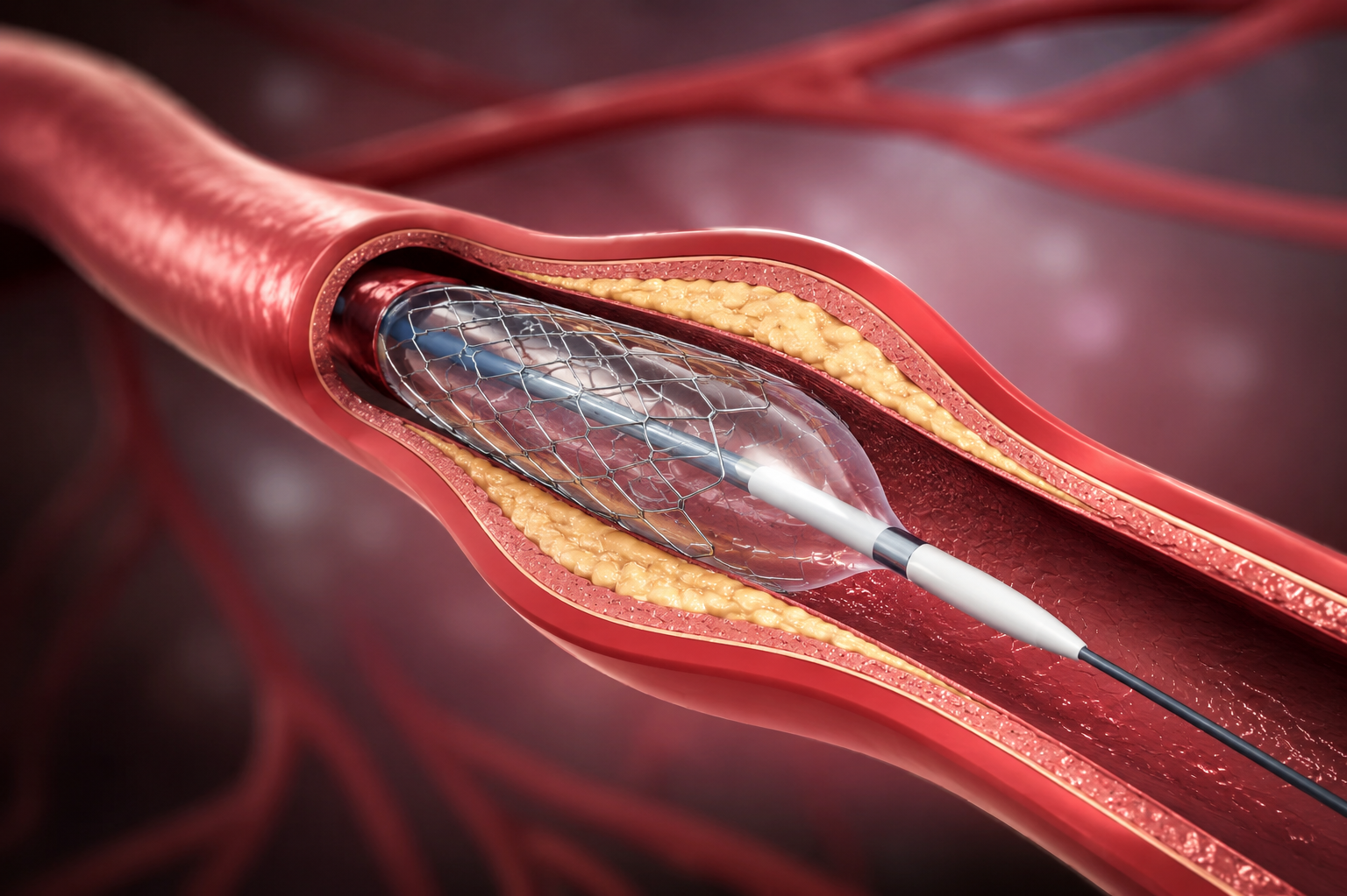 Medical procedure inside an artery showing a stent being placed with a catheter and mesh structure to prevent artery blockage