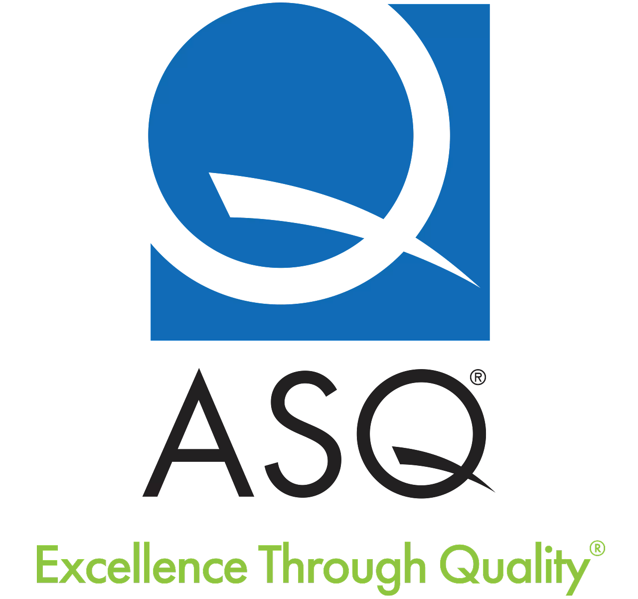 The ASQ logo featuring a blue square with a black circle and an arrow inside, the acronym 'ASQ' below, and the slogan 'Excellence Through Quality' in green at the bottom.