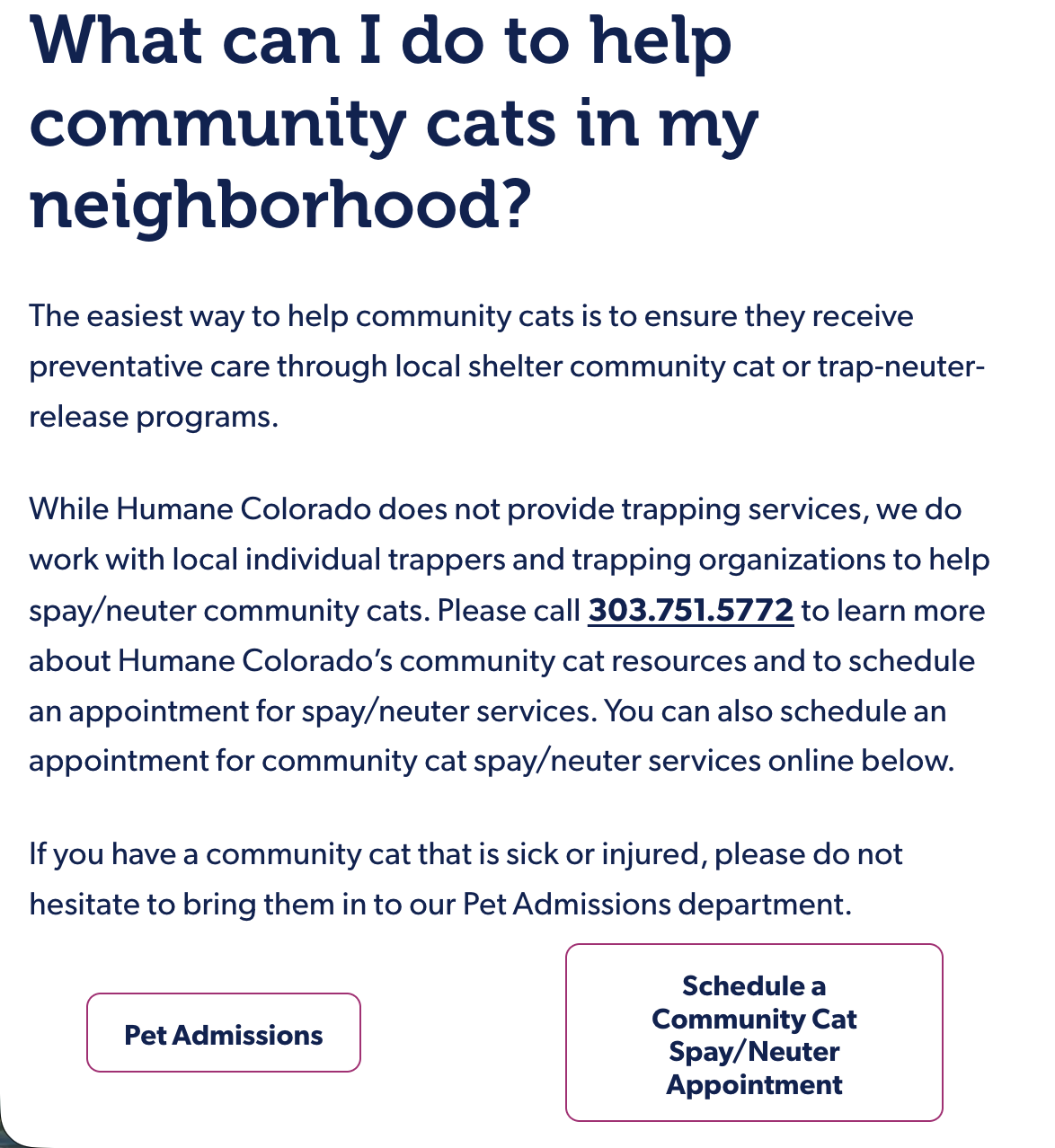 screenshot of  humane colorado's community cat guide