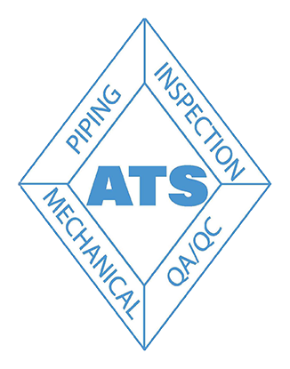 ATS logo with diamond shape, including sections labeled piping, inspection, mechanical, QA/QC, in blue text.