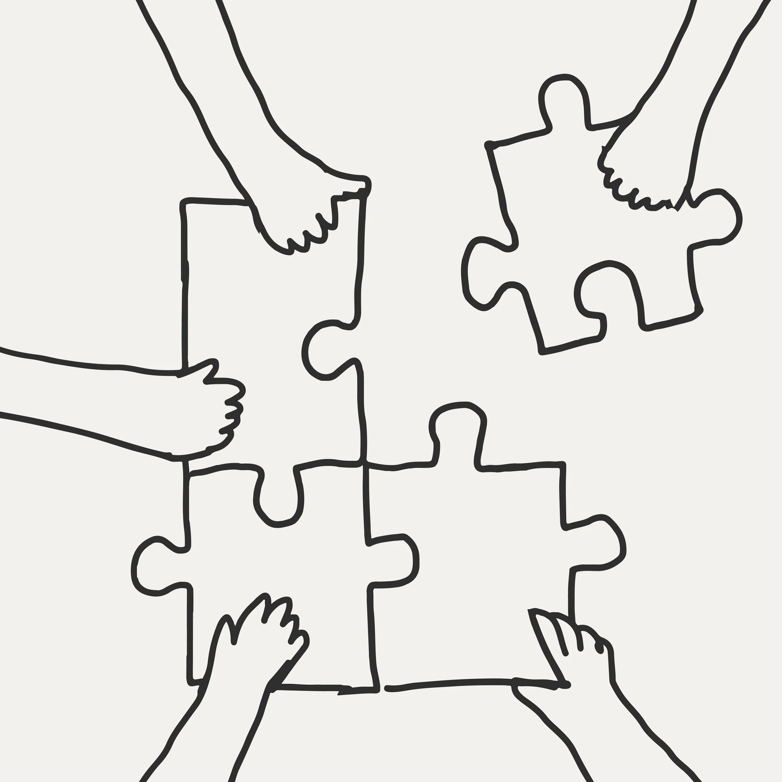 Line drawing of two hands holding each other over puzzle pieces.