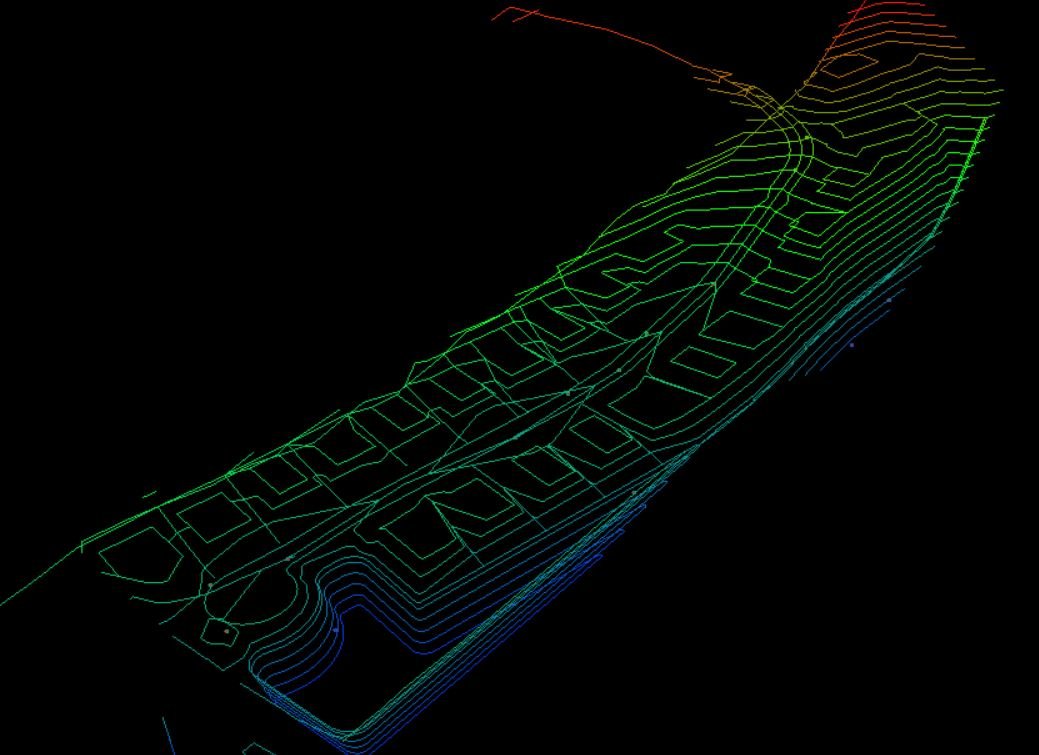 3D topographical map with multicolored contour lines on a black background.
