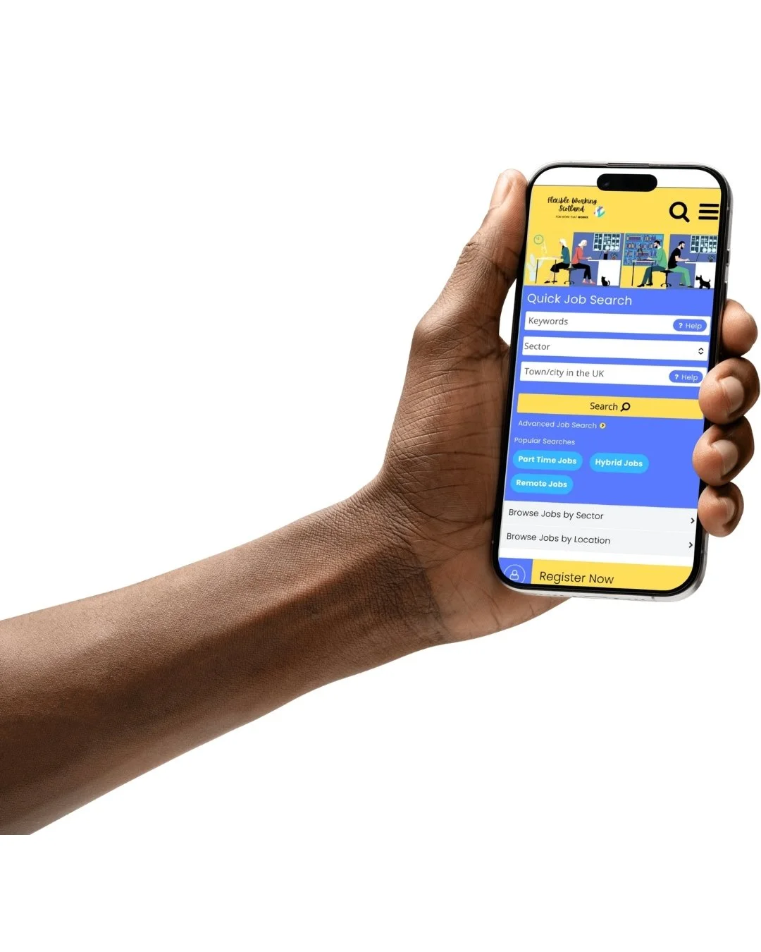 Arm holding mobile with Flexible Working Scotland jobs board on screen