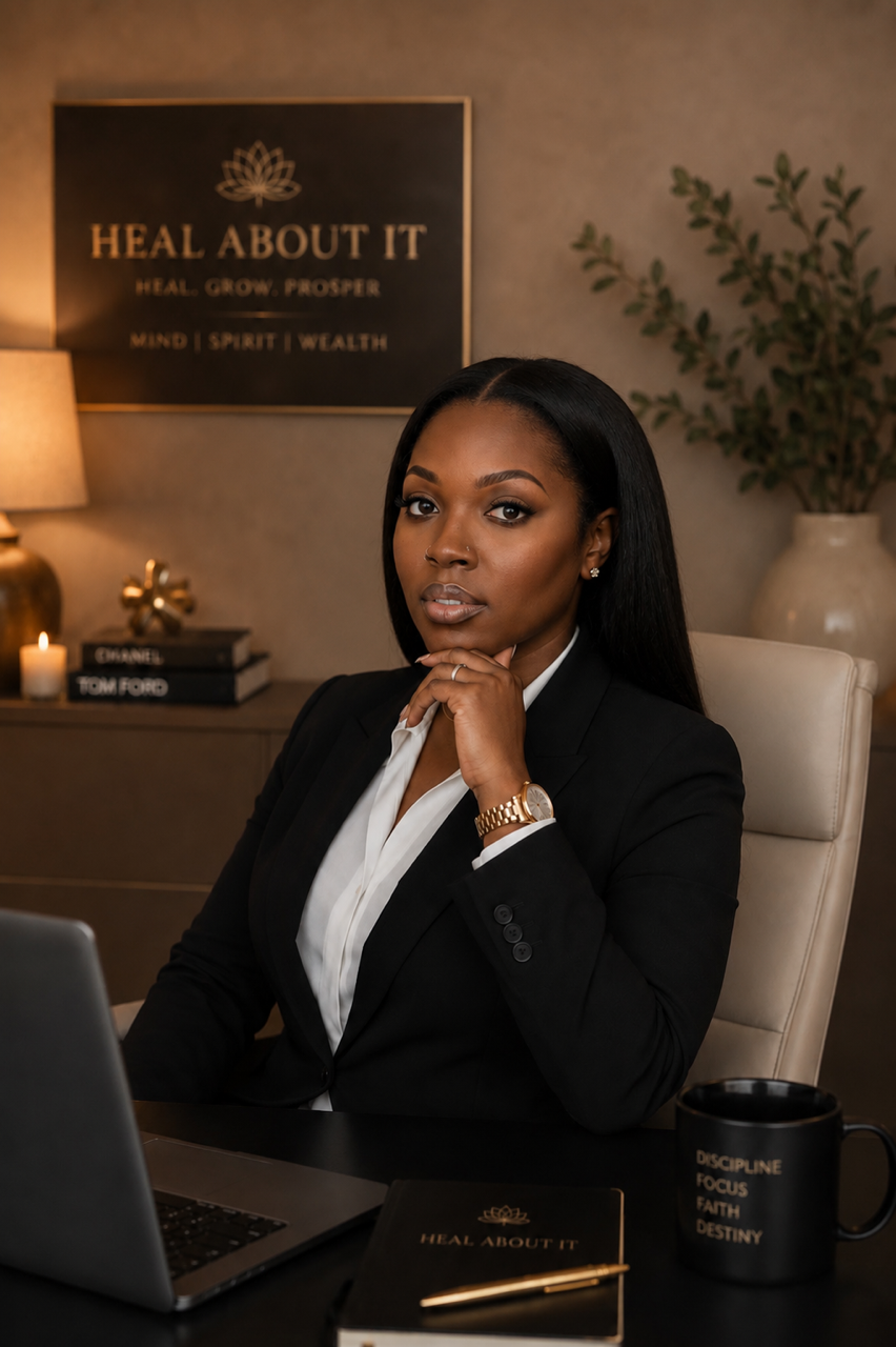 Businesswoman sitting at her desk in an office, wearing a black blazer and white shirt, with a laptop, notebook, and cup on the desk. Behind her, a wall decor reads 'Heal About It' and has motivational words.