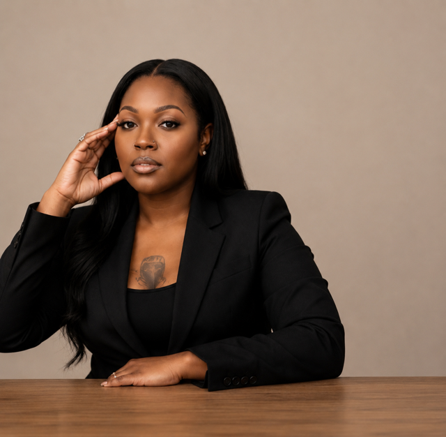 A confident woman with long black hair, wearing a black blazer, sitting at a wooden table against a neutral background, looking directly at the camera.