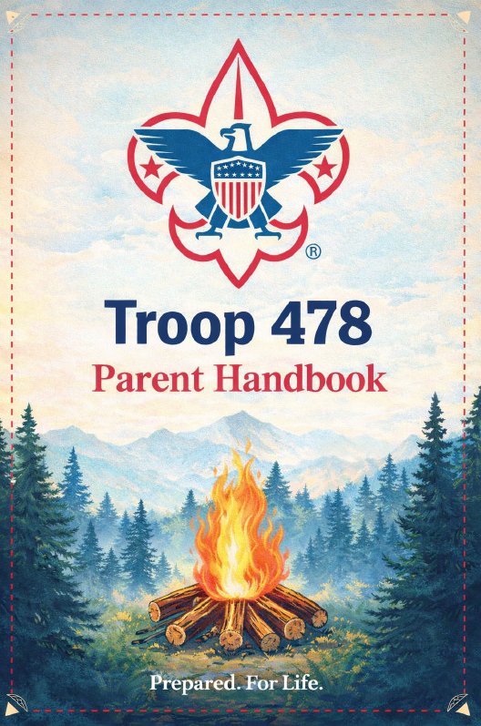Cover of Troop 478 Parent Handbook with Boy Scout emblem, a campfire with logs, and a forest background.