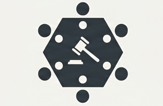 A hexagon with a judge's gavel and block inside, surrounded by six smaller circles.